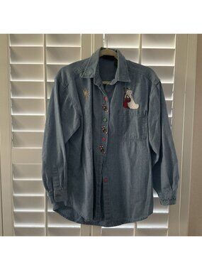 Faded Glory Denim Christmas Shirt Long Sleeve Embroidered Wise Men Womens Medium